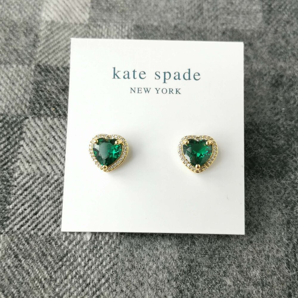 Authentic Kate Spade My Love Pavé Heart Gold Emerald Green Stud Earrings